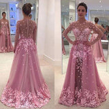 A-Line/Princess Scoop Long Tulle Prom Formal Evening Dresses with Applique