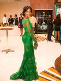 Trumpet/Mermaid High Neck Long Satin Formal Evening Dresses with Applique