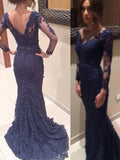 Trumpet/Mermaid V-neck Sweep/Brush Train Lace Prom Formal Evening Dresses with Applique