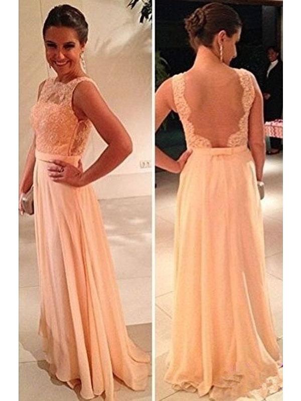A-Line/Princess Bateau Long Chiffon Prom Formal Evening Dresses with Lace