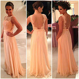 A-Line/Princess Bateau Long Chiffon Prom Formal Evening Dresses with Lace