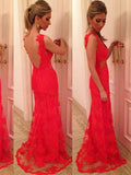 Trumpet/Mermaid V-neck Long Lace Prom Formal Evening Dresses with Applique