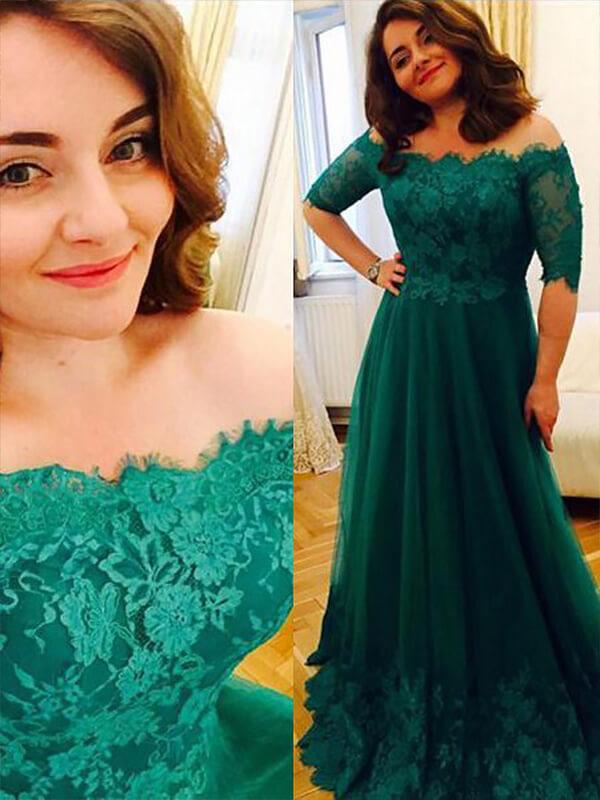 A-Line/Princess Off-the-Shoulder Long Short Sleeves Tulle Plus Size Dresses with Applique