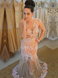 Trumpet/Mermaid Scoop Sweep/Brush Train Sleeveless Tulle Plus Size Dresses with Applique