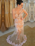 Trumpet/Mermaid Scoop Sweep/Brush Train Sleeveless Tulle Plus Size Dresses with Applique