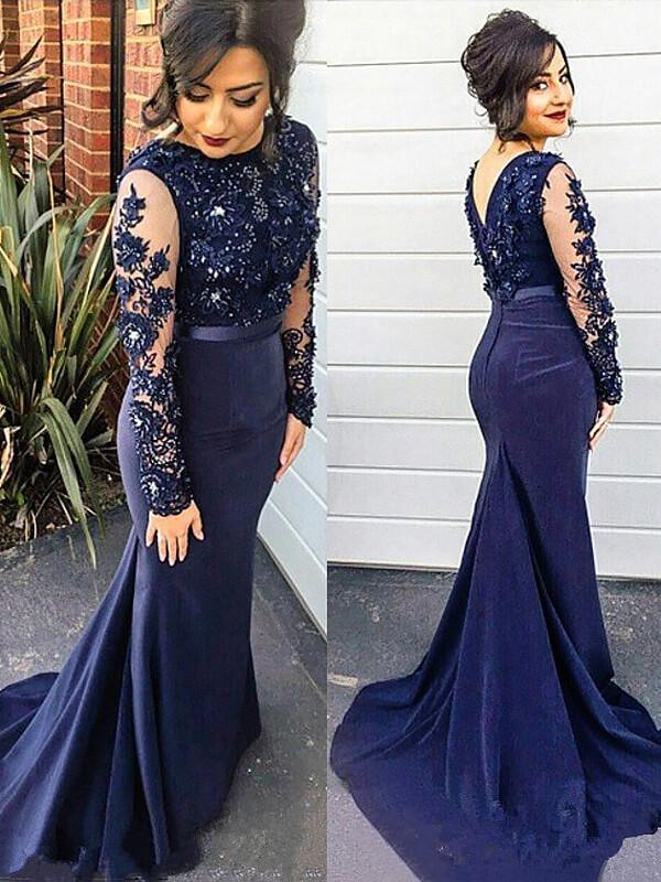 Trumpet/Mermaid Scoop Sweep/Brush Train Long Sleeves Satin Plus Size Prom Dresses with Lace