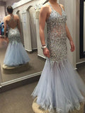 Trumpet/Mermaid V-Neck Long Sleeveless Tulle Plus Size Prom Evening Dresses with Sequin