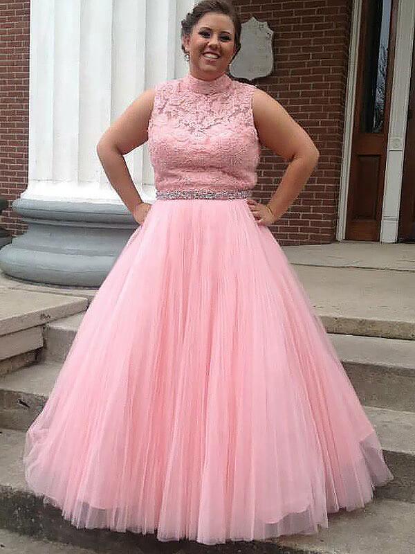 Ball Gown High Neck Long Sleeveless Tulle Plus Size Prom Evening Dresses with Applique