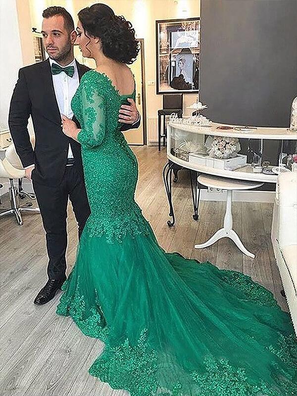 Trumpet/Mermaid V-neck Sweep/Brush Train 3/4 Sleeves Tulle Plus Size Prom Dresses with Applique