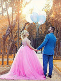 Ball Gown Sweetheart Sweep/Brush Train Sleeveless Tulle Plus Size Prom Dresses with Pearls
