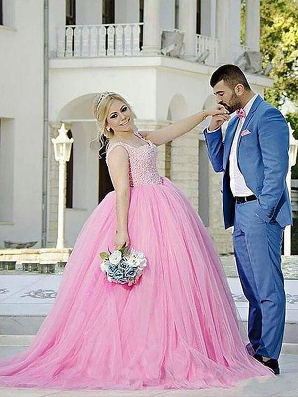 Ball Gown Sweetheart Sweep/Brush Train Sleeveless Tulle Plus Size Prom Dresses with Pearls