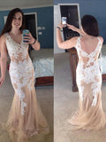 Trumpet/Mermaid V-neck Sweep/Brush Train Sleeveless Tulle Plus Size Prom Dresses with Applique