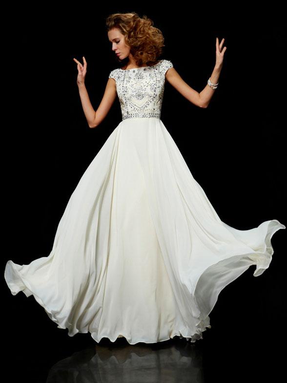 Ball Gown High Neck Long Chiffon Short Sleeves Prom Formal Evening Dresses with Beading