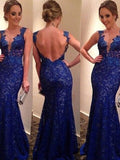 Trumpet/Mermaid V-neck Long Lace Sleeveless Prom Formal Evening Dresses with Applique