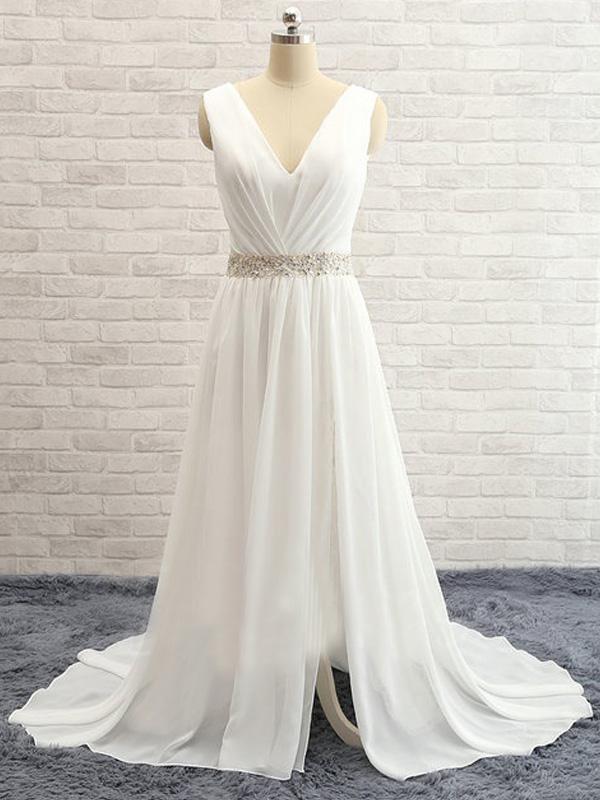 A-Line/Princess V-neck Sweep/Brush Train Chiffon Sleeveless Wedding Dresses with Beading