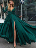 A-Line/Princess V-neck Sweep/Brush Train Satin Long Sleeves Prom Formal Evening Dresses with Ruffles