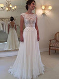 A-Line/Princess Scoop Sweep/Brush Train Chiffon Sleeveless Prom Evening Wedding Dresses with Applique