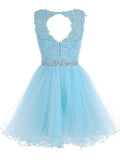 A-Line/Princess Scoop Tulle Sleeveless Short/Mini Prom Evening Dresses with Beading Lace