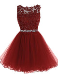 A-Line/Princess Scoop Tulle Sleeveless Short/Mini Prom Evening Dresses with Beading Lace