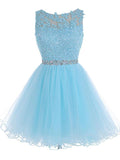 A-Line/Princess Scoop Tulle Sleeveless Short/Mini Prom Evening Dresses with Beading Lace