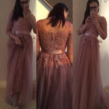 A-Line/Princess Scoop Long Tulle 3/4 Sleeves Prom Formal Evening Dresses with Lace Applique