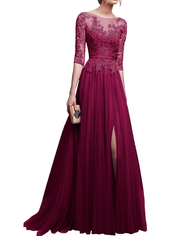 A-Line/Princess Scoop Long Tulle 3/4 Sleeves Prom Formal Evening Dresses with Lace Applique