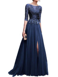 A-Line/Princess Scoop Long Tulle 3/4 Sleeves Prom Formal Evening Dresses with Lace Applique