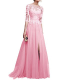 A-Line/Princess Scoop Long Tulle 3/4 Sleeves Prom Formal Evening Dresses with Lace Applique