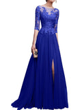 A-Line/Princess Scoop Long Tulle 3/4 Sleeves Prom Formal Evening Dresses with Lace Applique