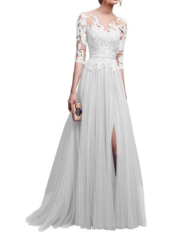 A-Line/Princess Scoop Long Tulle 3/4 Sleeves Prom Formal Evening Dresses with Lace Applique