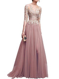 A-Line/Princess Scoop Long Tulle 3/4 Sleeves Prom Formal Evening Dresses with Lace Applique