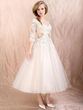 A-Line/Princess Scoop Tulle Half Sleeves Short/Mini Prom Evening Dresses with Applique