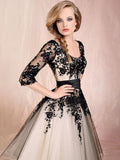 A-Line/Princess Scoop Tulle Half Sleeves Short/Mini Prom Evening Dresses with Applique
