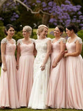 A-Line/Princess Square Long Chiffon Short Sleeves Bridesmaid Dresses with Beading