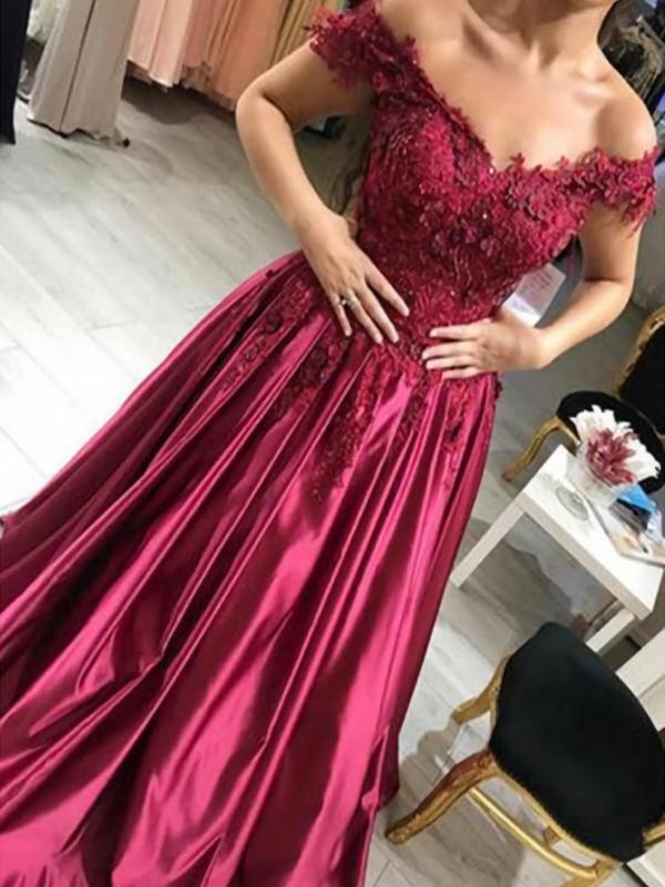 Ball Gown Off-the-Shoulder Long Satin Sleeveless Prom Formal Evening Dresses with Applique