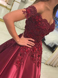 Ball Gown Off-the-Shoulder Long Satin Sleeveless Prom Formal Evening Dresses with Applique