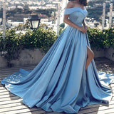 A-Line/Princess Off-the-Shoulder Long Satin Prom Formal Evening Dresses with Ruffles