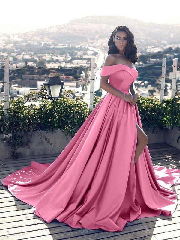 A-Line/Princess Off-the-Shoulder Long Satin Prom Formal Evening Dresses with Ruffles