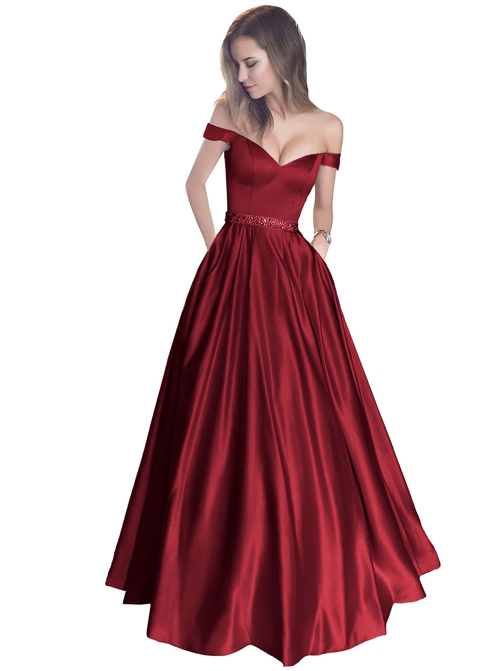 A-Line/Princess Off-the-Shoulder Sleeveless Sweep/Brush Train Satin Prom Evening Dresses with Beading