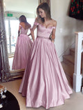 A-Line/Princess Off-the-Shoulder Sleeveless Sweep/Brush Train Satin Prom Evening Dresses with Beading
