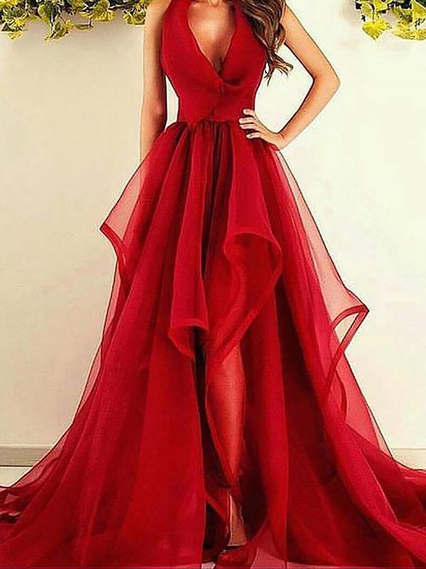 A-Line/Princess V-neck Sleeveless Asymmetrical Organza Prom Evening Dr Dessiny A-Line/Princess V-neck Sleeveless Asymmetrical Organza Prom Evening Dr Dessiny