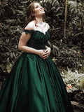 Ball Gown Off-the-Shoulder Sleeveless Long Satin Prom Evening Dresses with Lace