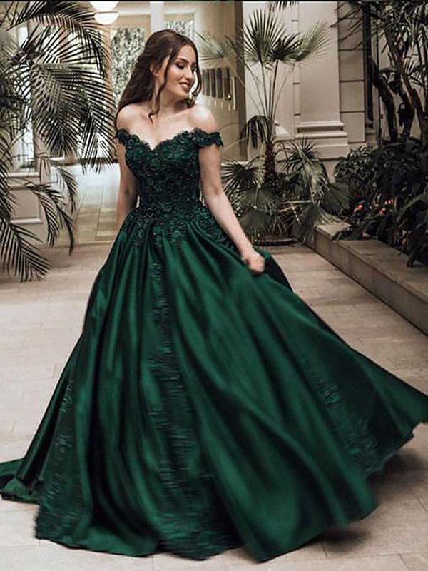 Ball Gown Off-the-Shoulder Sleeveless Long Satin Prom Evening Dresses with Lace