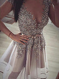 A-Line/Princess V-neck Sleeveless Short/Mini Organza Prom Evening Dresses with Sequin