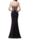 Sheath/Column Bateau Sleeveless Long Satin Prom Evening Dresses with Lace Applique