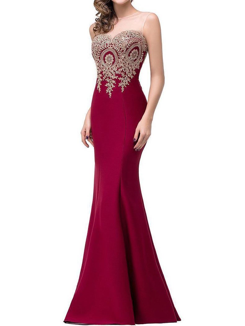 Sheath/Column Bateau Sleeveless Long Satin Prom Evening Dresses with Lace Applique