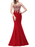 Sheath/Column Bateau Sleeveless Long Satin Prom Evening Dresses with Lace Applique