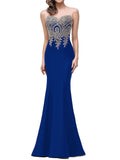 Sheath/Column Bateau Sleeveless Long Satin Prom Evening Dresses with Lace Applique