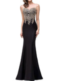 Sheath/Column Bateau Sleeveless Long Satin Prom Evening Dresses with Lace Applique
