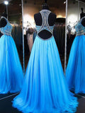 A-Line/Princess Jewel Sleeveless Sweep/Brush Train Tulle Prom Evening Dresses with Beading
